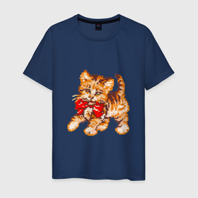 Мужская футболка хлопок с принтом милый котенок с бантом вышивка в Петрозаводске, 100% хлопок | прямой крой, круглый вырез горловины, длина до линии бедер, слегка спущенное плечо. | 