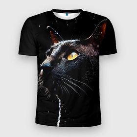 Мужская футболка 3D Slim с принтом Романтичный черный кот в Курске, 100% полиэстер с улучшенными характеристиками | приталенный силуэт, круглая горловина, широкие плечи, сужается к линии бедра | 