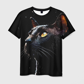 Мужская футболка 3D с принтом Романтичный черный кот в Курске, 100% полиэфир | прямой крой, круглый вырез горловины, длина до линии бедер | 