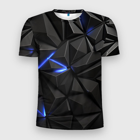 Мужская футболка 3D Slim с принтом Неоновое синее свечение на черном в Белгороде, 100% полиэстер с улучшенными характеристиками | приталенный силуэт, круглая горловина, широкие плечи, сужается к линии бедра | 