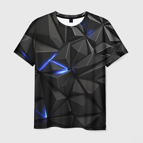 Мужская футболка 3D с принтом Неоновое синее свечение на черном в Белгороде, 100% полиэфир | прямой крой, круглый вырез горловины, длина до линии бедер | Тематика изображения на принте: 