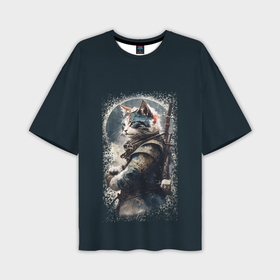 Мужская футболка oversize 3D с принтом Японский кот самурай в Санкт-Петербурге,  |  | 