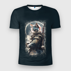 Мужская футболка 3D Slim с принтом Японский кот самурай в Екатеринбурге, 100% полиэстер с улучшенными характеристиками | приталенный силуэт, круглая горловина, широкие плечи, сужается к линии бедра | Тематика изображения на принте: 