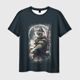 Мужская футболка 3D с принтом Японский кот самурай в Екатеринбурге, 100% полиэфир | прямой крой, круглый вырез горловины, длина до линии бедер | Тематика изображения на принте: 