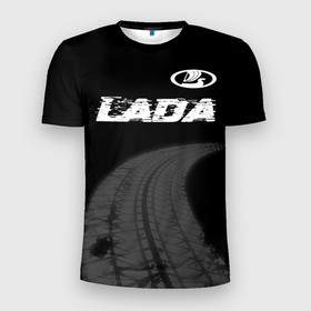 Мужская футболка 3D Slim с принтом LADA speed на темном фоне со следами шин: символ сверху в Санкт-Петербурге, 100% полиэстер с улучшенными характеристиками | приталенный силуэт, круглая горловина, широкие плечи, сужается к линии бедра | 