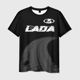 Мужская футболка 3D с принтом LADA speed на темном фоне со следами шин: символ сверху в Санкт-Петербурге, 100% полиэфир | прямой крой, круглый вырез горловины, длина до линии бедер | 