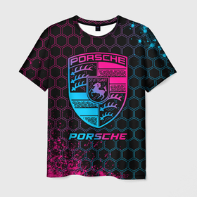 Мужская футболка 3D с принтом Porsche   neon gradient в Петрозаводске, 100% полиэфир | прямой крой, круглый вырез горловины, длина до линии бедер | 