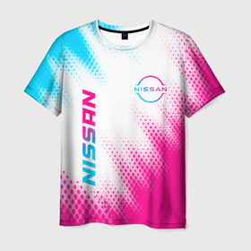 Мужская футболка 3D с принтом Nissan neon gradient style: надпись, символ в Тюмени, 100% полиэфир | прямой крой, круглый вырез горловины, длина до линии бедер | 