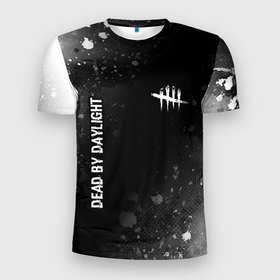 Мужская футболка 3D Slim с принтом Dead by Daylight glitch на темном фоне: надпись, символ в Екатеринбурге, 100% полиэстер с улучшенными характеристиками | приталенный силуэт, круглая горловина, широкие плечи, сужается к линии бедра | 