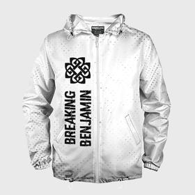 Мужская ветровка 3D с принтом Breaking Benjamin glitch на светлом фоне: по вертикали в Екатеринбурге, 100% полиэстер | подол и капюшон оформлены резинкой с фиксаторами, два кармана без застежек по бокам, один потайной карман на груди | 