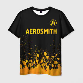 Мужская футболка 3D с принтом Aerosmith   gold gradient: символ сверху в Петрозаводске, 100% полиэфир | прямой крой, круглый вырез горловины, длина до линии бедер | Тематика изображения на принте: 