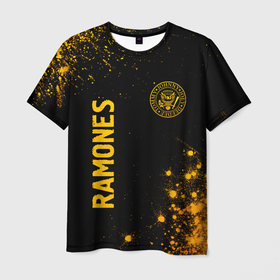 Мужская футболка 3D с принтом Ramones   gold gradient: надпись, символ в Белгороде, 100% полиэфир | прямой крой, круглый вырез горловины, длина до линии бедер | Тематика изображения на принте: 
