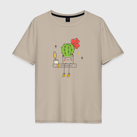 Мужская футболка хлопок Oversize с принтом Милый кактус в Екатеринбурге, 100% хлопок | свободный крой, круглый ворот, “спинка” длиннее передней части | 