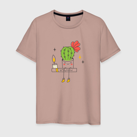 Мужская футболка хлопок с принтом Милый кактус в Екатеринбурге, 100% хлопок | прямой крой, круглый вырез горловины, длина до линии бедер, слегка спущенное плечо. | 