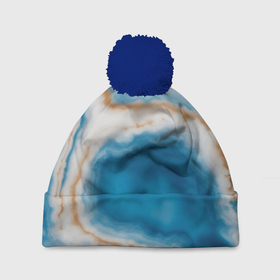 Шапка 3D c помпоном с принтом волна голубого агата в Белгороде, 100% полиэстер | универсальный размер, печать по всей поверхности изделия | 