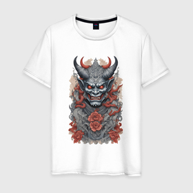 Мужская футболка хлопок с принтом Японский демон Они в Екатеринбурге, 100% хлопок | прямой крой, круглый вырез горловины, длина до линии бедер, слегка спущенное плечо. | 