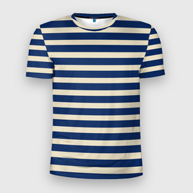 Мужская футболка 3D Slim с принтом Полосатый  синий и кремовый , 100% полиэстер с улучшенными характеристиками | приталенный силуэт, круглая горловина, широкие плечи, сужается к линии бедра | Тематика изображения на принте: 