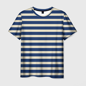 Мужская футболка 3D с принтом Полосатый  синий и кремовый , 100% полиэфир | прямой крой, круглый вырез горловины, длина до линии бедер | Тематика изображения на принте: 