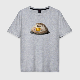 Мужская футболка хлопок Oversize с принтом Пивной ежик в Петрозаводске, 100% хлопок | свободный крой, круглый ворот, “спинка” длиннее передней части | Тематика изображения на принте: 