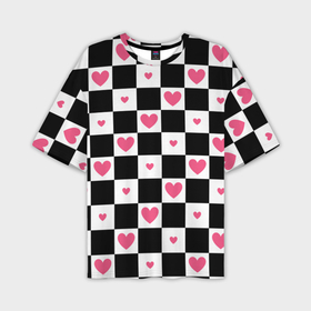 Мужская футболка oversize 3D с принтом Розовые сердечки на фоне шахматной черно белой доски в Петрозаводске,  |  | 