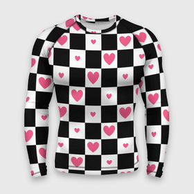 Мужской рашгард 3D с принтом Розовые сердечки на фоне шахматной черно белой доски в Екатеринбурге,  |  | 