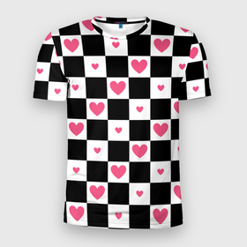 Мужская футболка 3D Slim с принтом Розовые сердечки на фоне шахматной черно белой доски в Петрозаводске, 100% полиэстер с улучшенными характеристиками | приталенный силуэт, круглая горловина, широкие плечи, сужается к линии бедра | Тематика изображения на принте: 