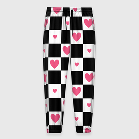 Мужские брюки 3D с принтом Розовые сердечки на фоне шахматной черно белой доски в Новосибирске, 100% полиэстер | манжеты по низу, эластичный пояс регулируется шнурком, по бокам два кармана без застежек, внутренняя часть кармана из мелкой сетки | 