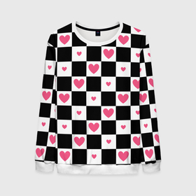 Мужской свитшот 3D с принтом Розовые сердечки на фоне шахматной черно белой доски в Санкт-Петербурге, 100% полиэстер с мягким внутренним слоем | круглый вырез горловины, мягкая резинка на манжетах и поясе, свободная посадка по фигуре | 