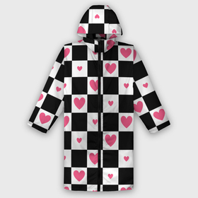 Мужской дождевик 3D с принтом Розовые сердечки на фоне шахматной черно белой доски в Тюмени,  |  | 