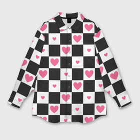 Мужская рубашка oversize 3D с принтом Розовые сердечки на фоне шахматной черно белой доски в Тюмени,  |  | 