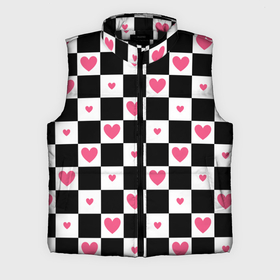 Мужской жилет утепленный 3D с принтом Розовые сердечки на фоне шахматной черно белой доски в Санкт-Петербурге,  |  | 