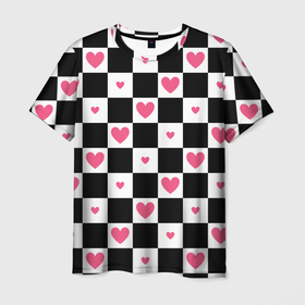 Мужская футболка 3D с принтом Розовые сердечки на фоне шахматной черно белой доски , 100% полиэфир | прямой крой, круглый вырез горловины, длина до линии бедер | 