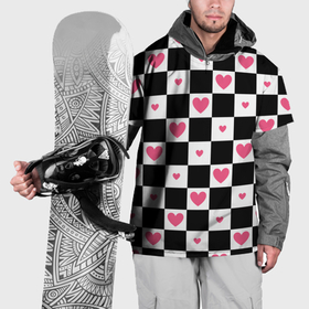 Накидка на куртку 3D с принтом Розовые сердечки на фоне шахматной черно белой доски в Тюмени, 100% полиэстер |  | 