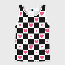 Мужская майка 3D с принтом Розовые сердечки на фоне шахматной черно белой доски в Белгороде, 100% полиэстер | круглая горловина, приталенный силуэт, длина до линии бедра. Пройма и горловина окантованы тонкой бейкой | 