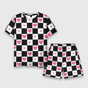 Мужской костюм с шортами 3D с принтом Розовые сердечки на фоне шахматной черно белой доски ,  |  | Тематика изображения на принте: 