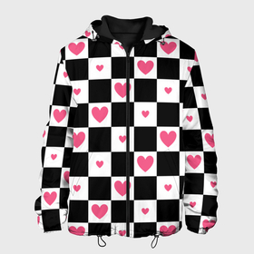 Мужская куртка 3D с принтом Розовые сердечки на фоне шахматной черно белой доски в Санкт-Петербурге, ткань верха — 100% полиэстер, подклад — флис | прямой крой, подол и капюшон оформлены резинкой с фиксаторами, два кармана без застежек по бокам, один большой потайной карман на груди. Карман на груди застегивается на липучку | 