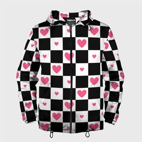 Мужская ветровка 3D с принтом Розовые сердечки на фоне шахматной черно белой доски в Санкт-Петербурге, 100% полиэстер | подол и капюшон оформлены резинкой с фиксаторами, два кармана без застежек по бокам, один потайной карман на груди | 