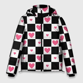 Мужская зимняя куртка 3D с принтом Розовые сердечки на фоне шахматной черно белой доски в Белгороде, верх — 100% полиэстер; подкладка — 100% полиэстер; утеплитель — 100% полиэстер | длина ниже бедра, свободный силуэт Оверсайз. Есть воротник-стойка, отстегивающийся капюшон и ветрозащитная планка. 

Боковые карманы с листочкой на кнопках и внутренний карман на молнии. | 