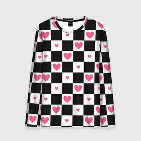 Мужской лонгслив 3D с принтом Розовые сердечки на фоне шахматной черно белой доски в Екатеринбурге, 100% полиэстер | длинные рукава, круглый вырез горловины, полуприлегающий силуэт | 