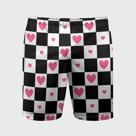 Мужские шорты спортивные с принтом Розовые сердечки на фоне шахматной черно белой доски ,  |  | 
