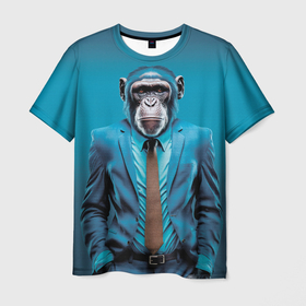 Мужская футболка 3D с принтом Деловой шимпанзе , 100% полиэфир | прямой крой, круглый вырез горловины, длина до линии бедер | 