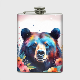 Фляга с принтом Портрет медведя гризли с цветами акварелью в Кировске, металлический корпус | емкость 0,22 л, размер 125 х 94 мм. Виниловая наклейка запечатывается полностью | 