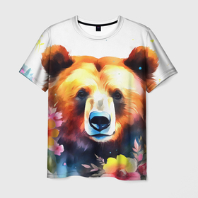 Мужская футболка 3D с принтом Морда медведя гризли с цветами акварелью в Петрозаводске, 100% полиэфир | прямой крой, круглый вырез горловины, длина до линии бедер | 