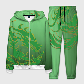 Мужской костюм 3D с принтом Зеленый дракон в Курске, 100% полиэстер | Манжеты и пояс оформлены тканевой резинкой, двухслойный капюшон со шнурком для регулировки, карманы спереди | 