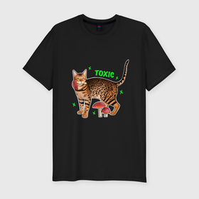 Мужская футболка хлопок Slim с принтом токсичный бенгальский кот с мухомором в Курске, 92% хлопок, 8% лайкра | приталенный силуэт, круглый вырез ворота, длина до линии бедра, короткий рукав | Тематика изображения на принте: 
