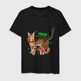 Мужская футболка хлопок с принтом токсичный бенгальский кот с мухомором в Екатеринбурге, 100% хлопок | прямой крой, круглый вырез горловины, длина до линии бедер, слегка спущенное плечо. | 