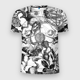 Мужская футболка 3D Slim с принтом Зевс Посейдон и Геркулес в розах в Кировске, 100% полиэстер с улучшенными характеристиками | приталенный силуэт, круглая горловина, широкие плечи, сужается к линии бедра | 