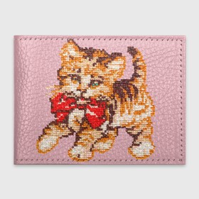 Обложка для студенческого билета с принтом милый котенок вышивка на розовом в Тюмени, натуральная кожа | Размер: 11*8 см; Печать на всей внешней стороне | 