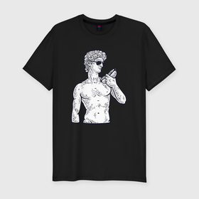 Мужская футболка хлопок Slim с принтом Давид с хот догом в Санкт-Петербурге, 92% хлопок, 8% лайкра | приталенный силуэт, круглый вырез ворота, длина до линии бедра, короткий рукав | 