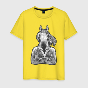 Мужская футболка хлопок с принтом Лошадь в пальто в Белгороде, 100% хлопок | прямой крой, круглый вырез горловины, длина до линии бедер, слегка спущенное плечо. | 